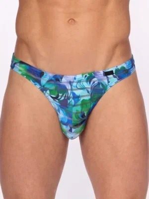 Vista frontal de tanga Olaf Benz RED2559 Blue Flower con estampado floral en azul cobalto, turquesa y verde