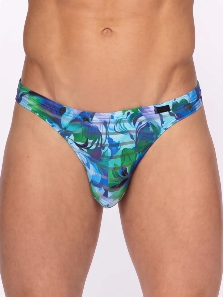 Vista frontal de tanga Olaf Benz RED2559 Blue Flower con estampado floral en azul cobalto, turquesa y verde