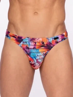 Vista frontal de tanga Olaf Benz RED2559 Pink Flower con estampado floral en magenta, naranja y turquesa