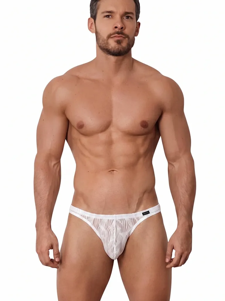 Vista frontal de tanga blanco Olaf Benz RED2560 con tejido jacquard ondulante semitransparente