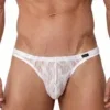 Vista frontal de tanga blanco Olaf Benz RED2560 con tejido jacquard ondulante semitransparente