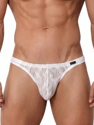 Vista frontal de tanga blanco Olaf Benz RED2560 con tejido jacquard ondulante semitransparente