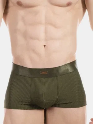 Detalle frontal del boxer army Stellan de Barcode Berlin con placa metálica en la cinturilla