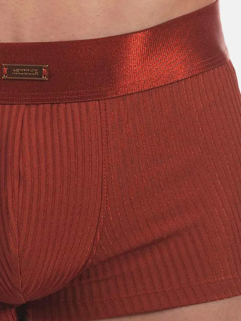 Detalle frontal del boxer óxido Stellan de Barcode Berlin con placa metálica en la cinturilla