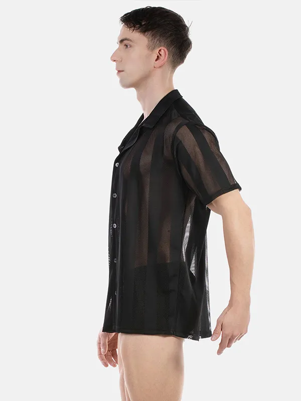 Vista lateral de la camisa de rejilla negra de manga corta Zeno de Barcode Berlin