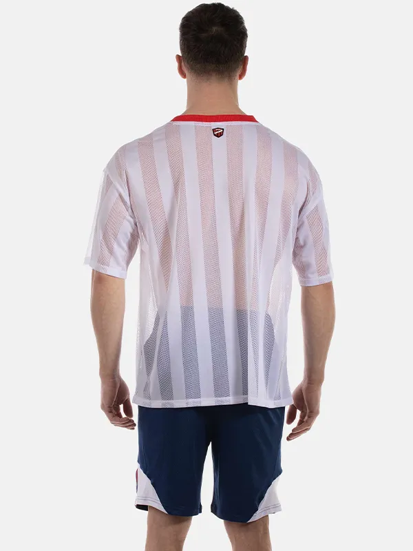 Espalda de la camiseta de rejilla blanca y roja Aksel de Barcode Berlin
