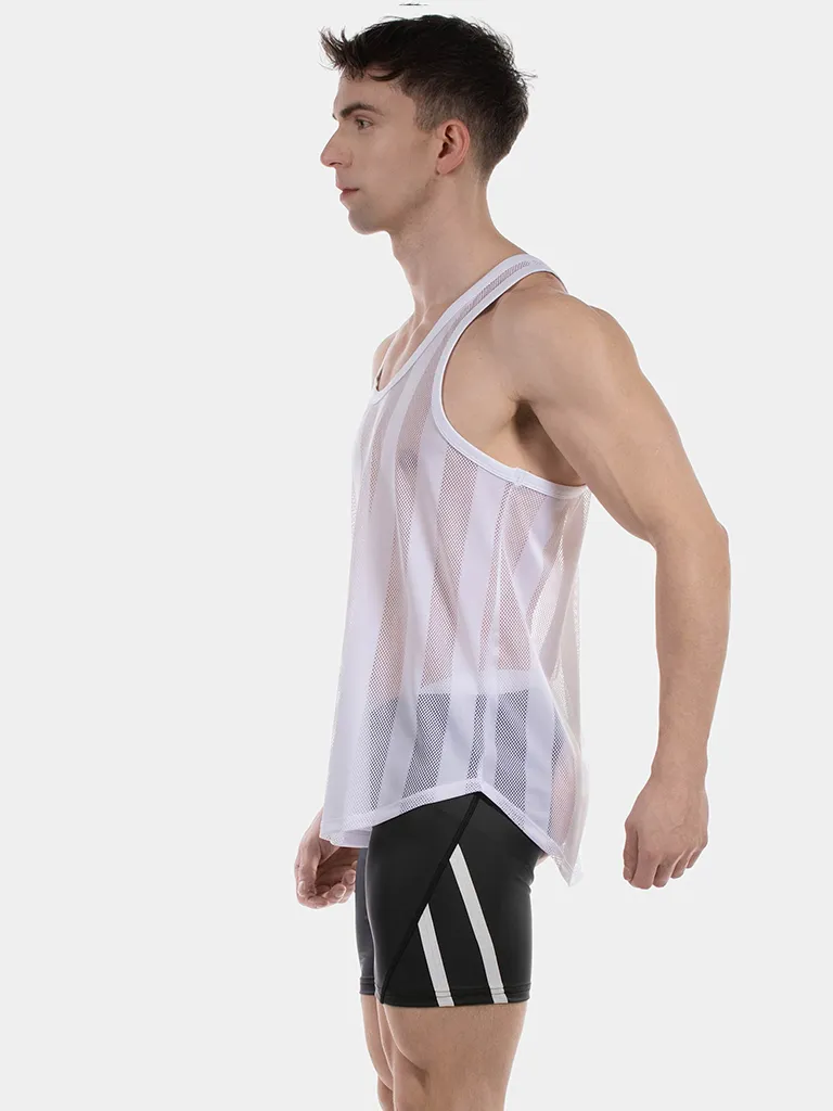 Vista lateral de la camiseta de tirantes de rejilla blanca Tobías de Barcode Berlin
