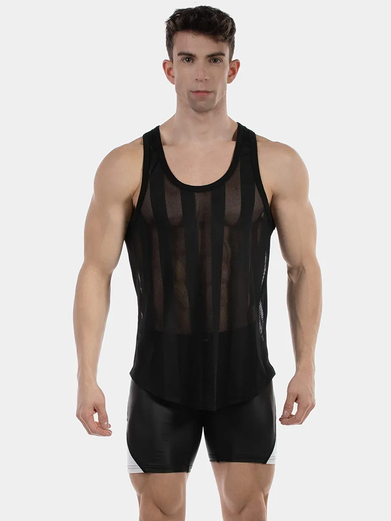 Hombre de frente con camiseta de tirantes de rejilla negra Tobías de Barcode Berlin