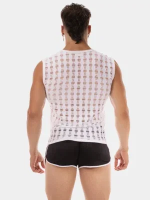 Vista trasera de la camiseta de tirantes blanca perforada Vinny de Barcode Berlin