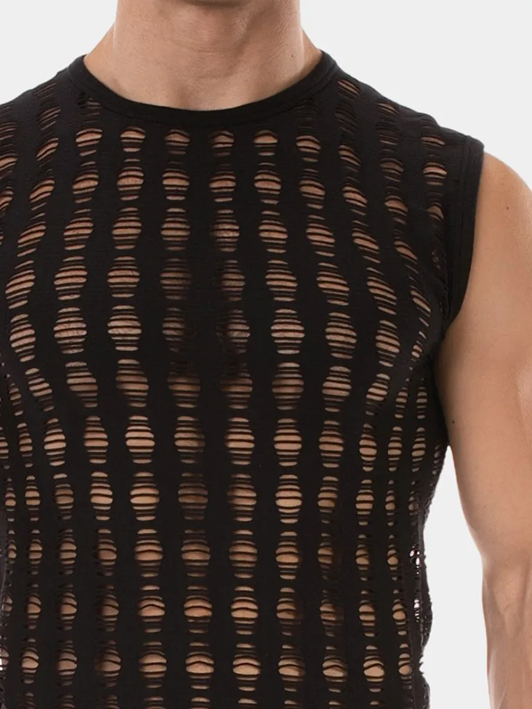 Detalle del tejido perforado de la camiseta de tirantes negra Vinny de Barcode Berlin