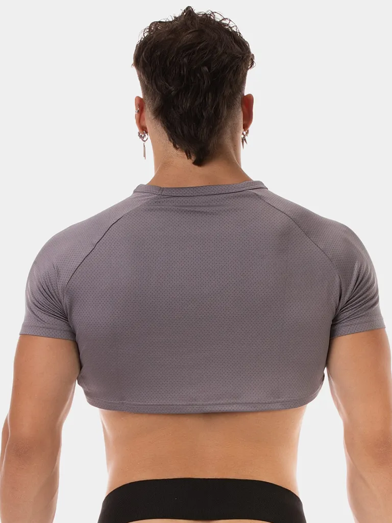 Vista trasera del crop top gris Talon de Barcode Berlin con tejido mesh