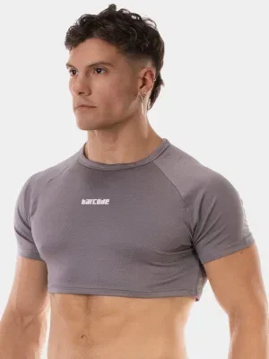 Vista lateral del crop top gris Talon de Barcode Berlin con manga corta