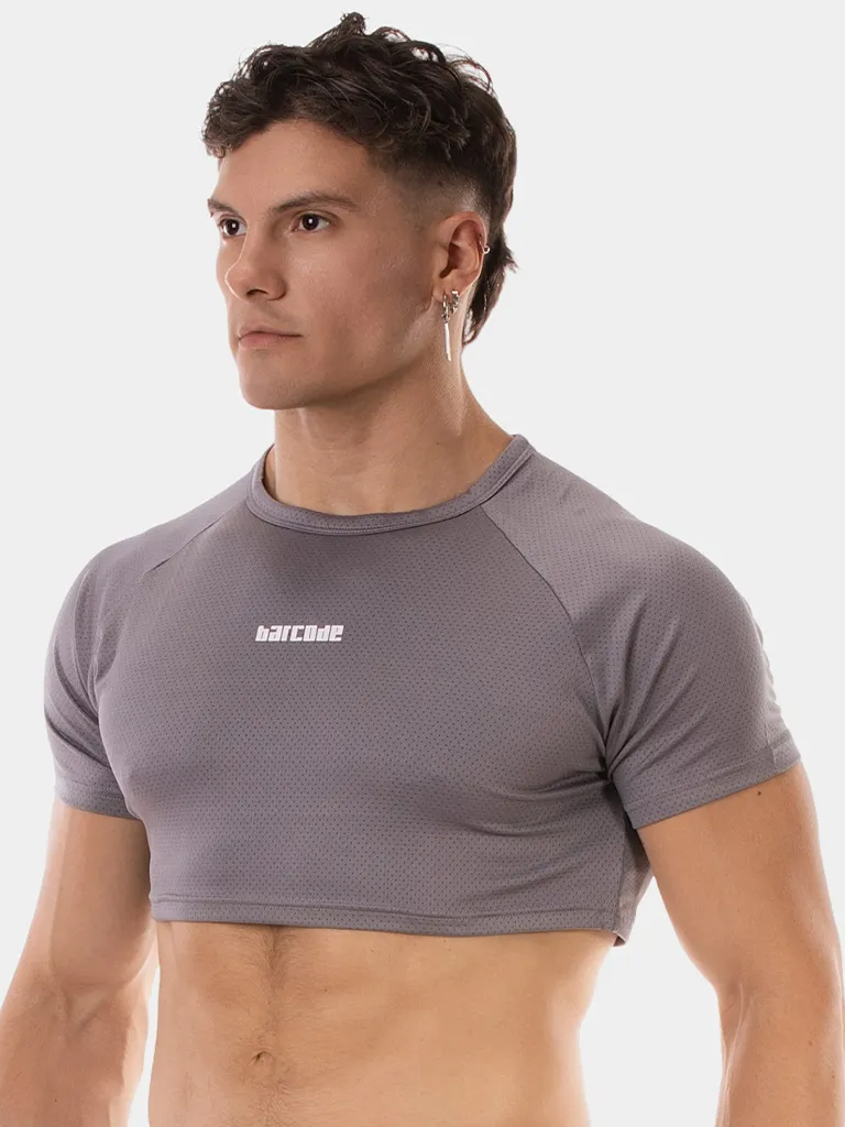 Vista lateral del crop top gris Talon de Barcode Berlin con manga corta