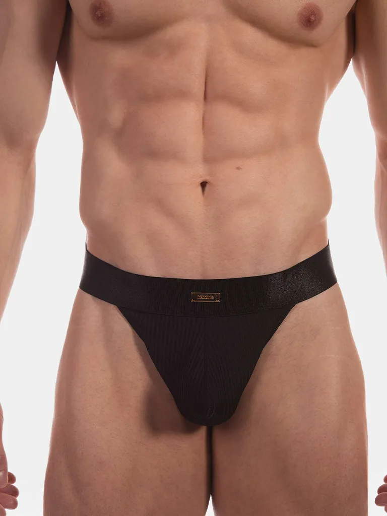 Detalle frontal del slip bikini negro Viggo de Barcode Berlin con cinturilla y placa metálica