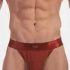 Detalle frontal del slip bikini óxido Viggo de Barcode Berlin con cinturilla y placa metálica