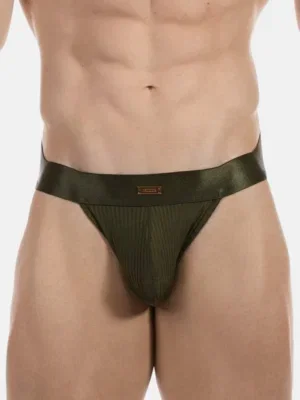 Detalle del canalé y la cinturilla satinada del jockstrap army Barnabie de Barcode Berlin