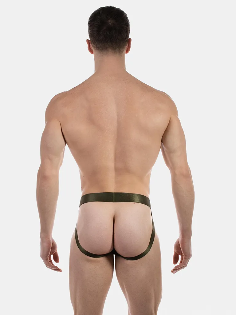 Vista trasera del jockstrap army Barnabie de Barcode Berlin con espalda abierta