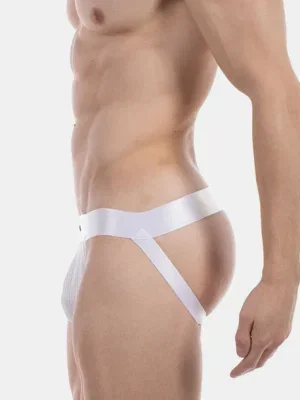 Vista lateral del jockstrap blanco Barnabie de Barcode Berlin con cinturilla y tiras elásticas