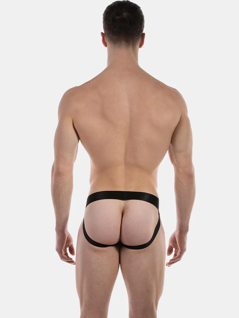 Vista trasera del jockstrap negro Barnabie de Barcode Berlin con espalda abierta