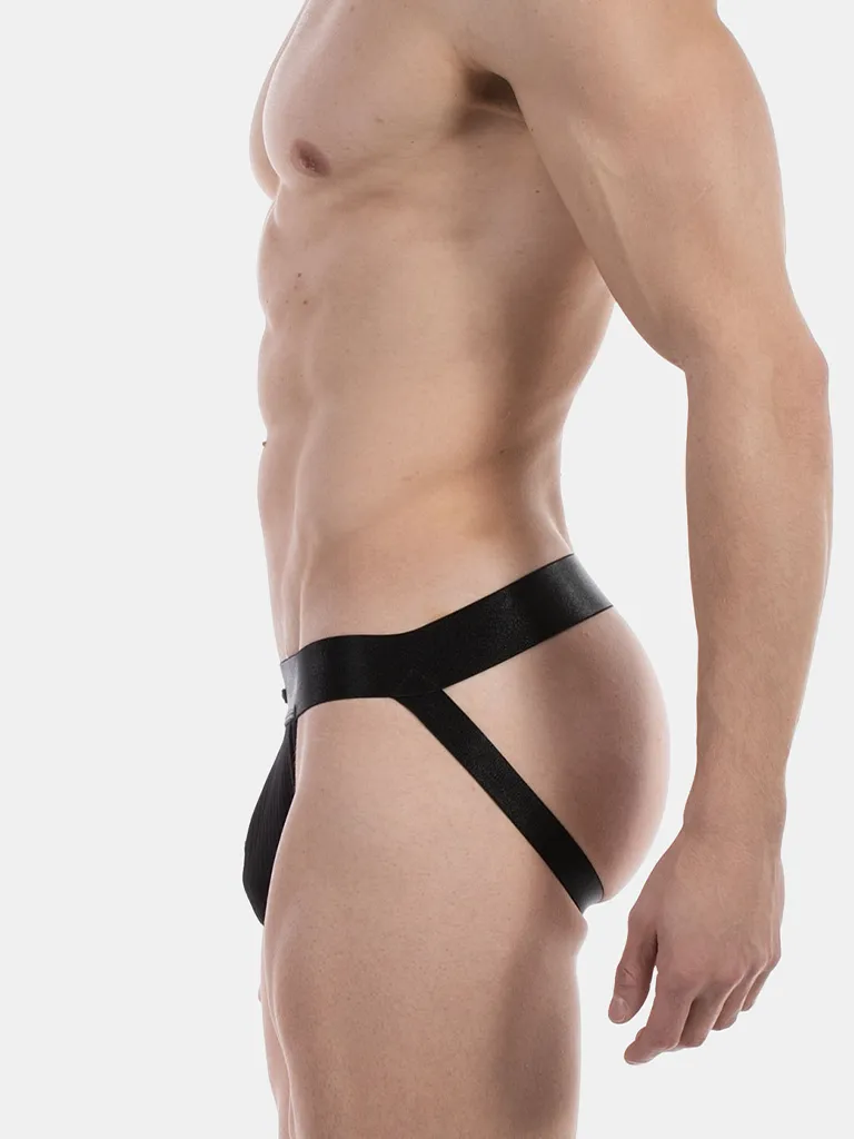 Vista lateral del jockstrap negro Barnabie de Barcode Berlin con tiras traseras