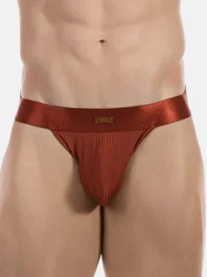 Detalle del canalé y la cinturilla satinada del jockstrap óxido Barnabie de Barcode Berlin