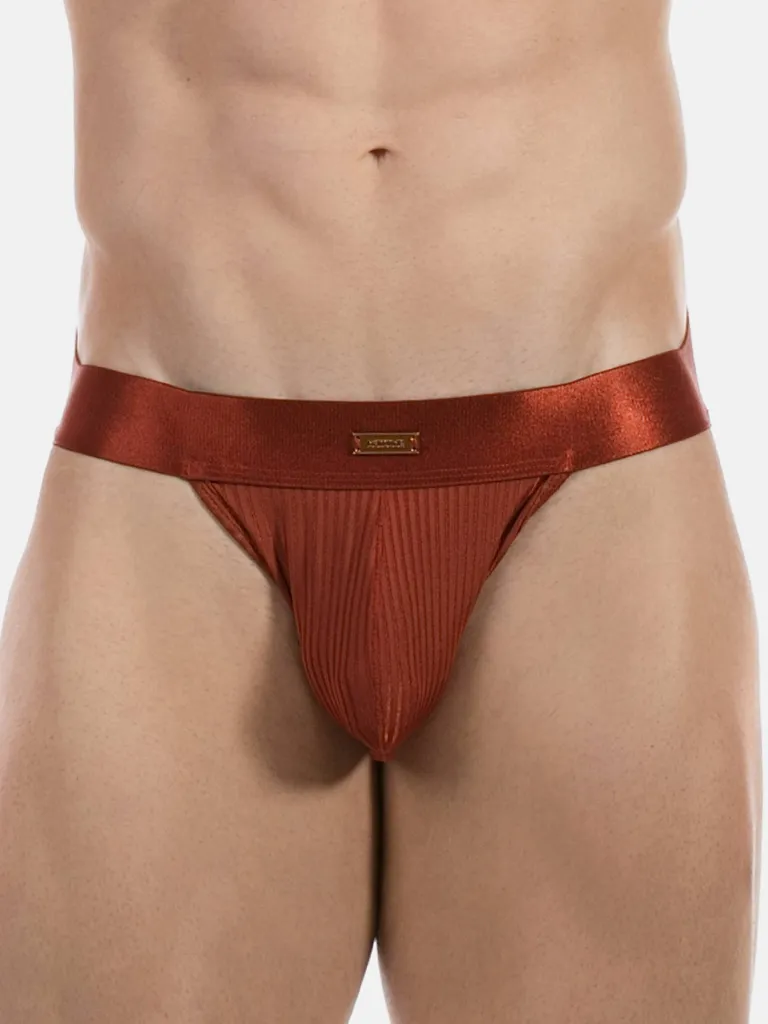 Detalle del canalé y la cinturilla satinada del jockstrap óxido Barnabie de Barcode Berlin
