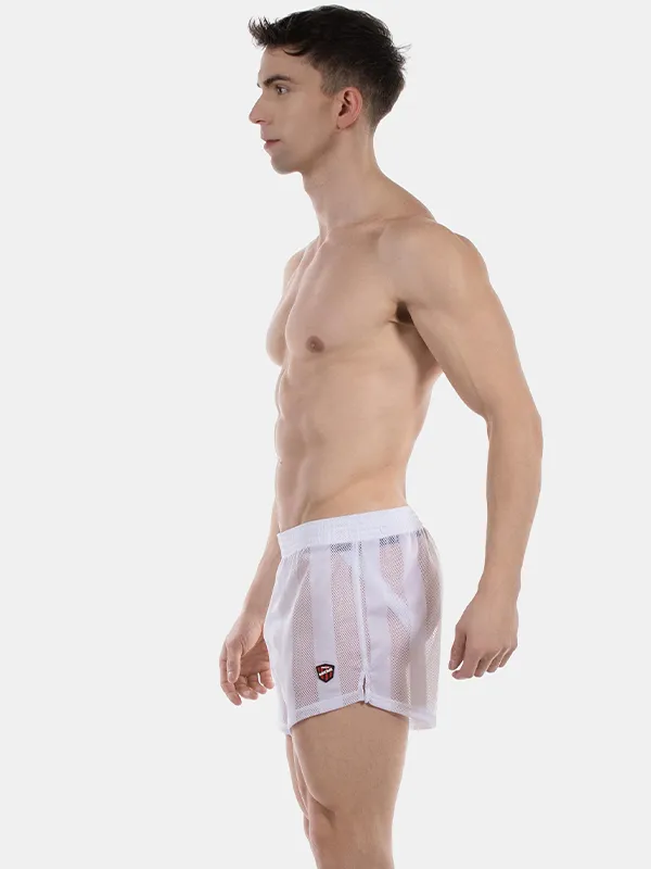 Vista lateral del short de rejilla blanco Mikkel de Barcode Berlin