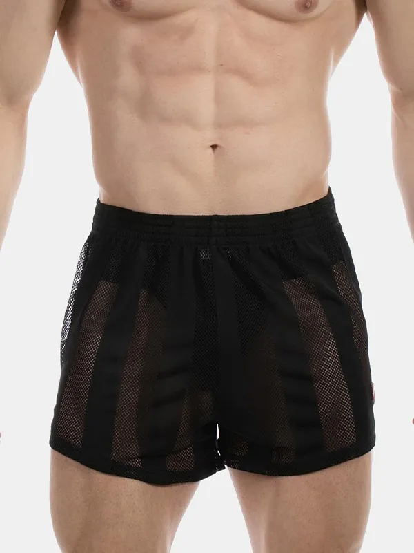 Detalle frontal del short de rejilla negro Mikkel de Barcode Berlin