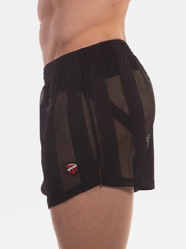 Detalle lateral y escudo Barcode del short de rejilla negro Mikkel
