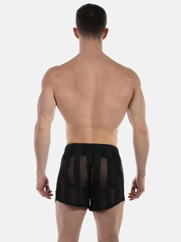 Vista trasera del short de rejilla negro Mikkel de Barcode Berlin