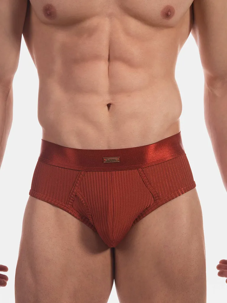 Detalle frontal del slip óxido Caspian de Barcode Berlin con placa metálica