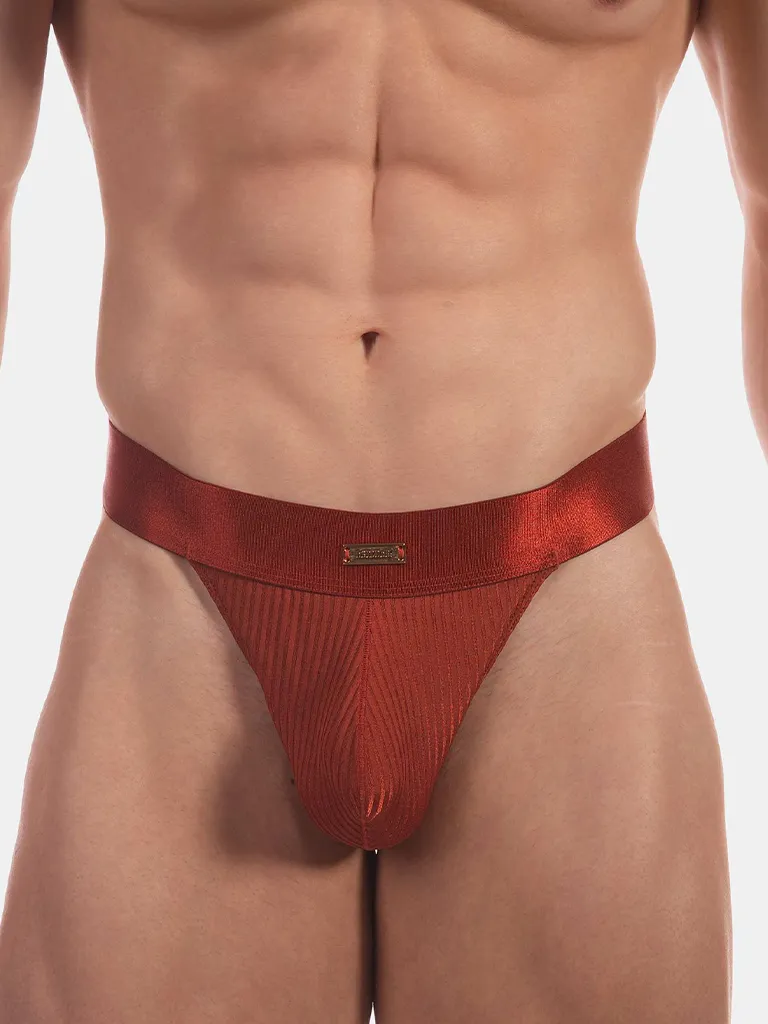 Detalle frontal del tanga hombre óxido Julian de Barcode Berlin con canalé y placa metálica