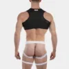 Vista trasera del chaleco arnés Oden negro y blanco de Barcode Berlin con bandas de pierna