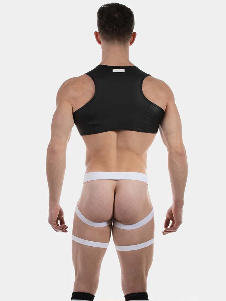 Vista trasera del chaleco arnés Oden negro y blanco de Barcode Berlin con bandas de pierna