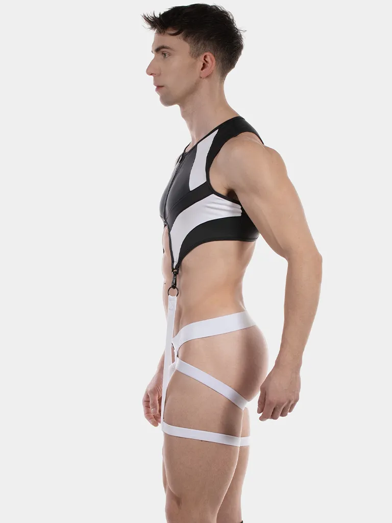 Vista lateral del chaleco arnés Oden negro y blanco de Barcode Berlin con tiras inferiores