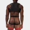 Vista trasera del chaleco arnés Oden negro y rojo de Barcode Berlin con bandas de pierna