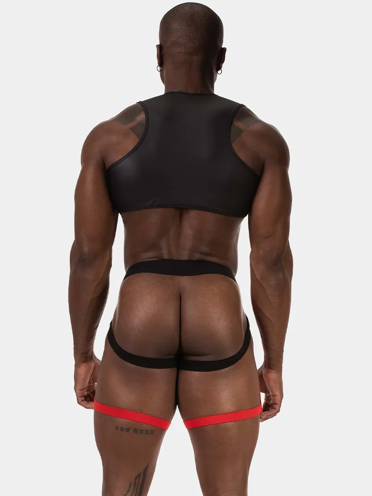 Vista trasera del chaleco arnés Oden negro y rojo de Barcode Berlin con bandas de pierna